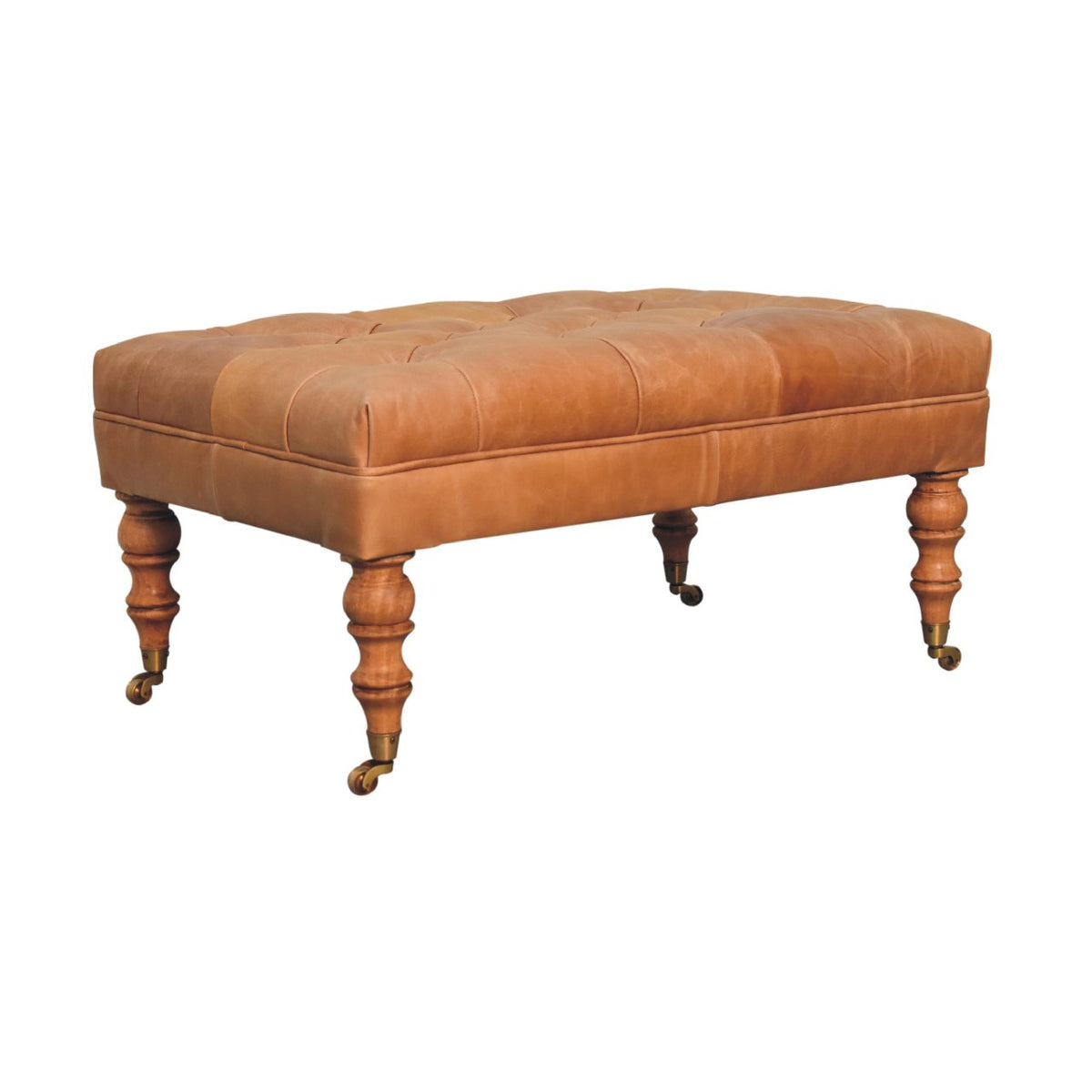 Buffalo Tan Leather Ottoman with Castor Legs – Light Walnut Finish