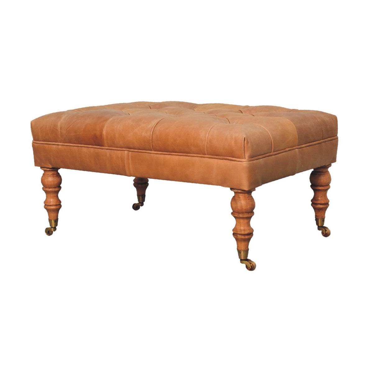 Buffalo Tan Leather Ottoman with Castor Legs – Light Walnut Finish