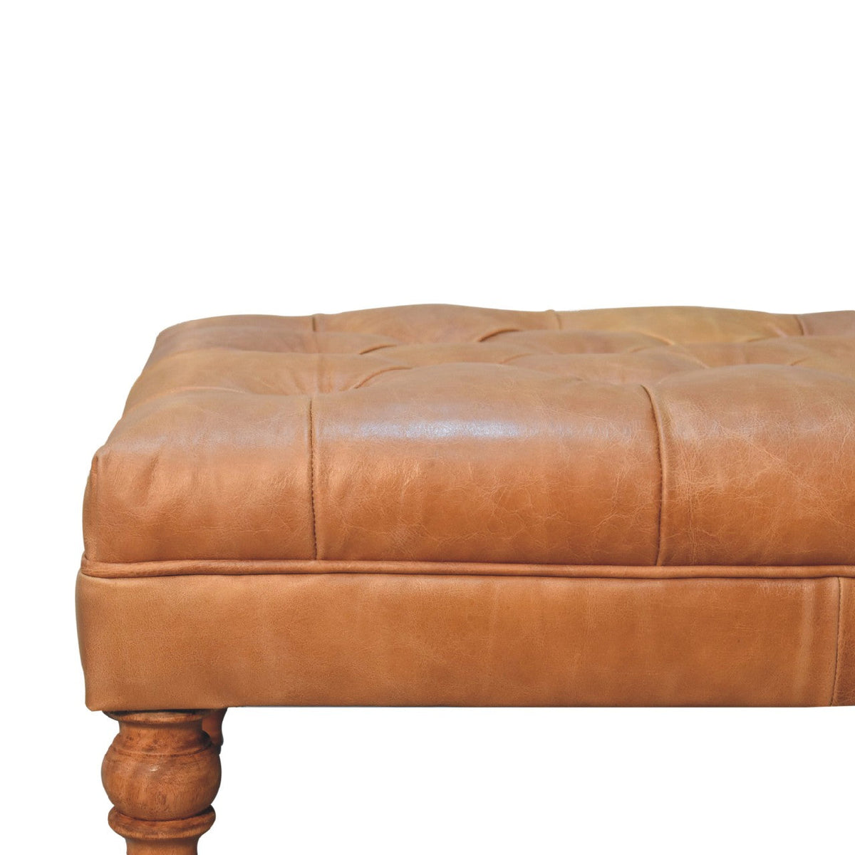 Buffalo Tan Leather Ottoman with Castor Legs – Light Walnut Finish