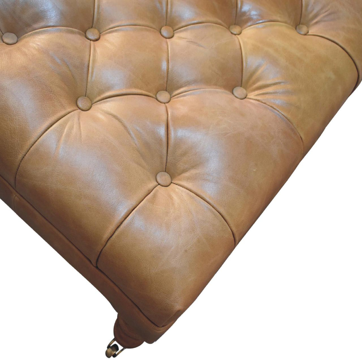 Buffalo Tan Leather Ottoman with Castor Legs – Light Walnut Finish