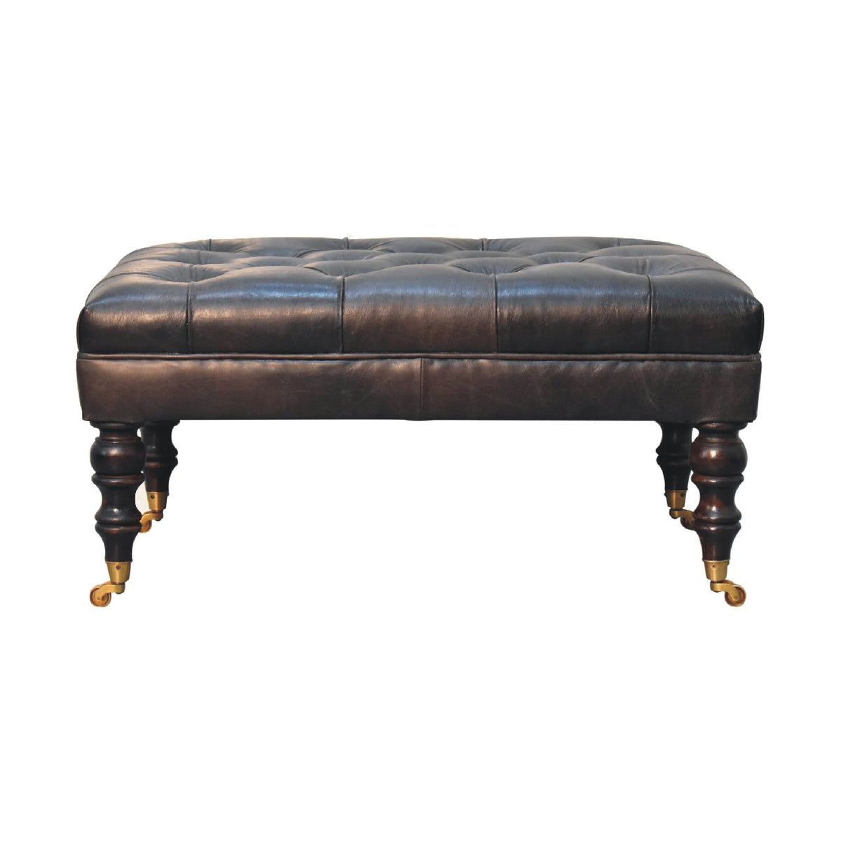 Buffalo Leather Ottoman with Castor Legs – Ash Black Leather; Light Walnut Feet