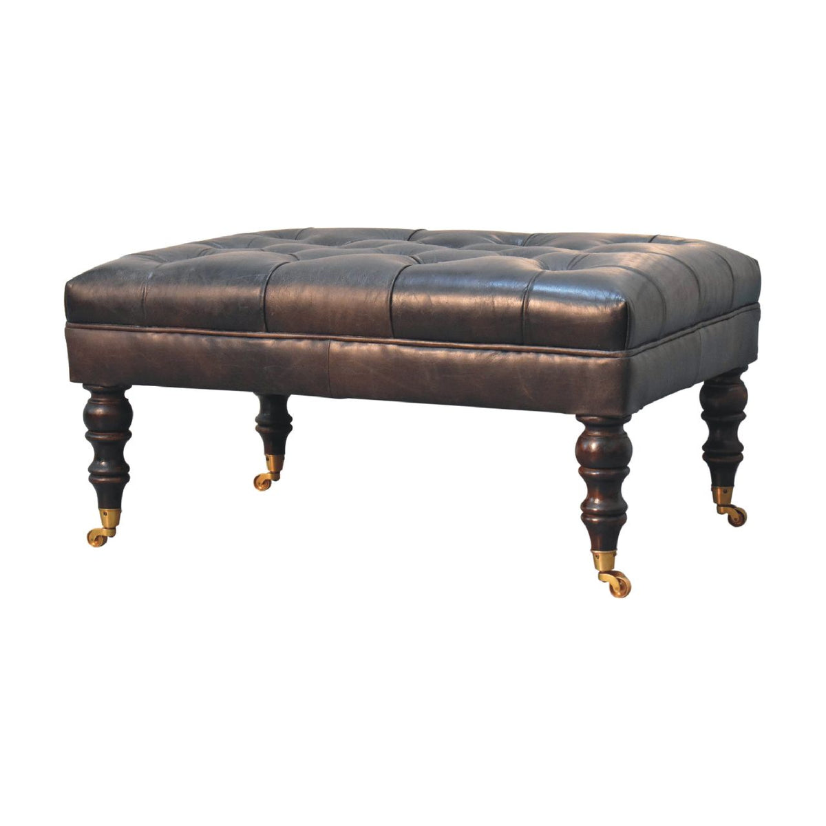 Buffalo Leather Ottoman with Castor Legs – Ash Black Leather; Light Walnut Feet