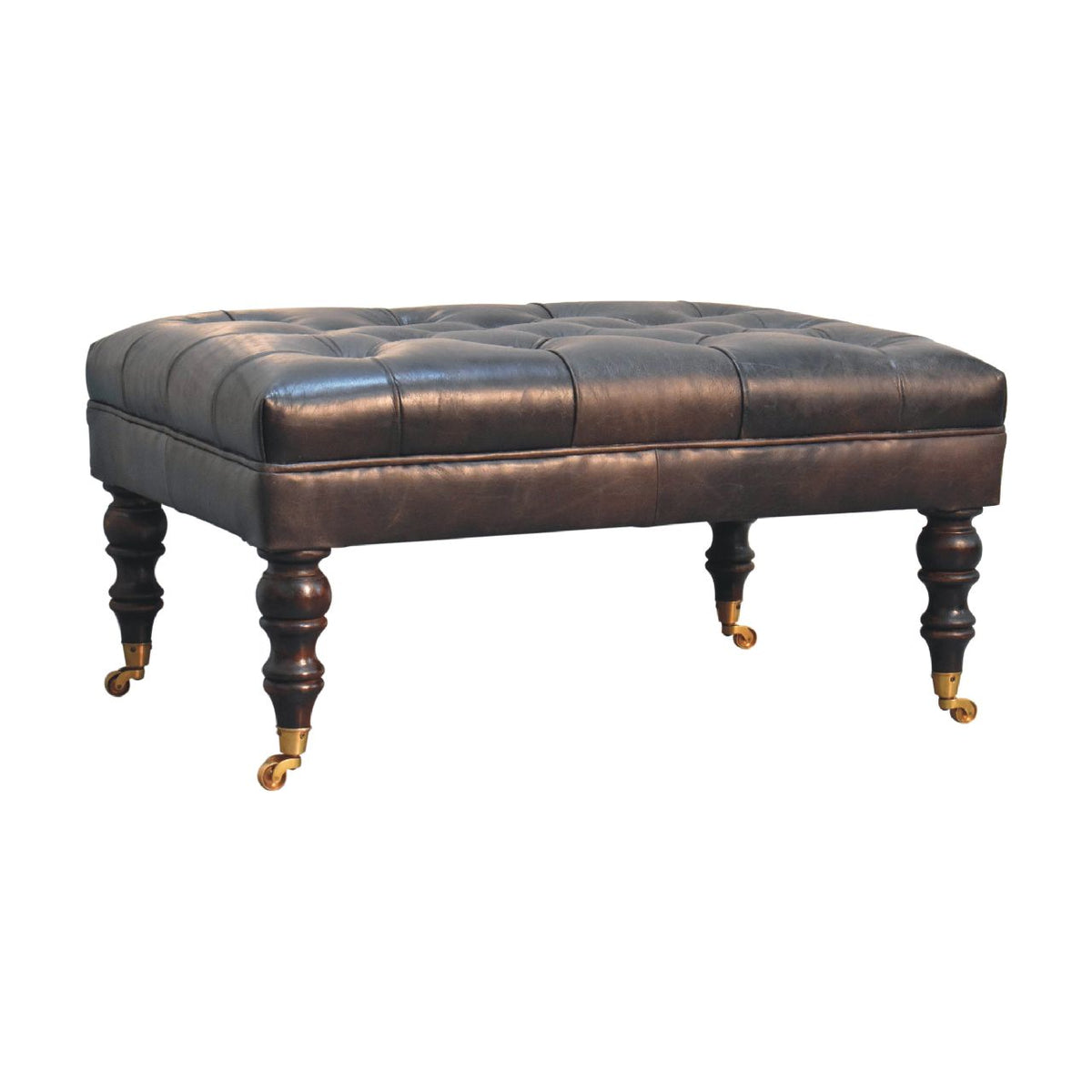 Buffalo Leather Ottoman with Castor Legs – Ash Black Leather; Light Walnut Feet