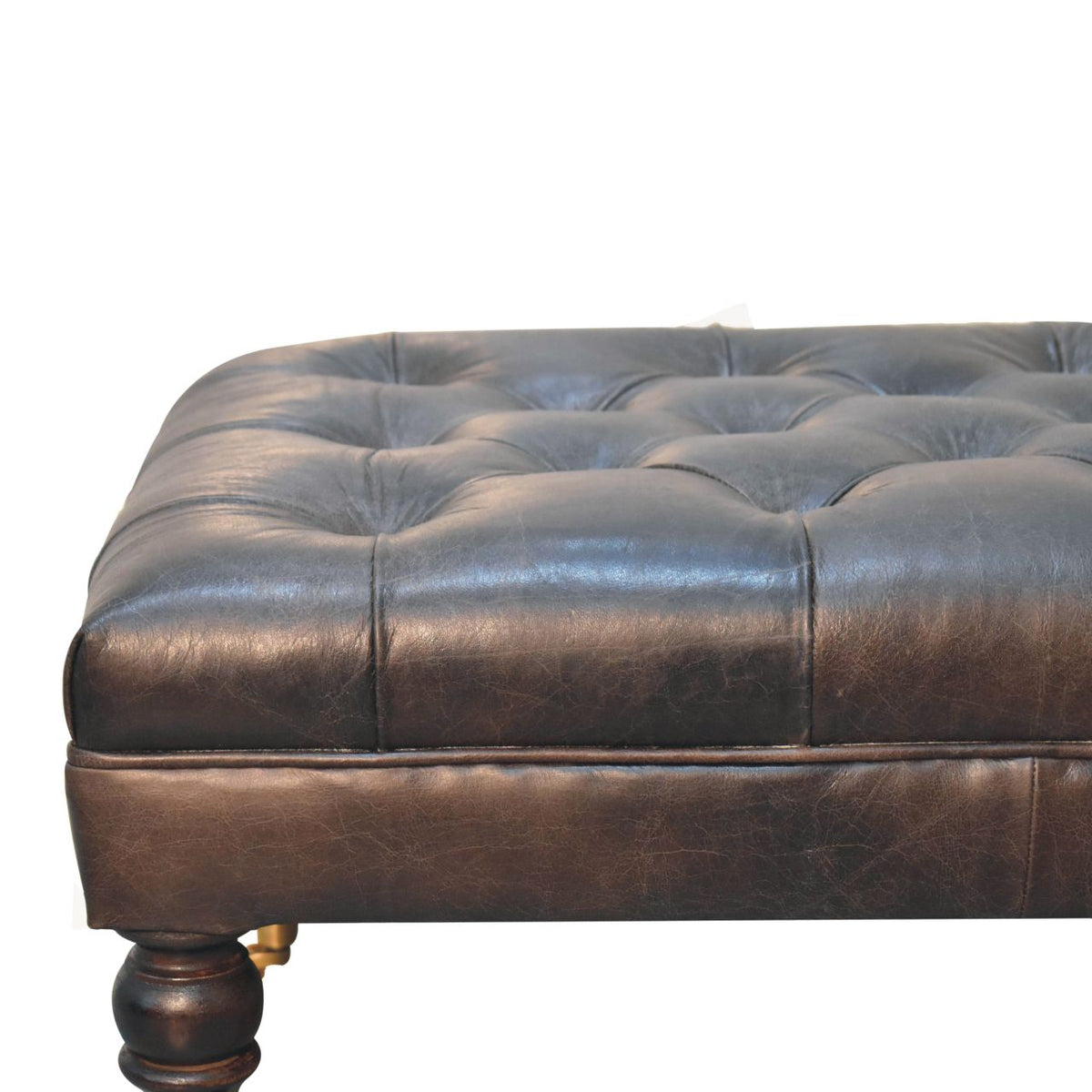 Buffalo Leather Ottoman with Castor Legs – Ash Black Leather; Light Walnut Feet