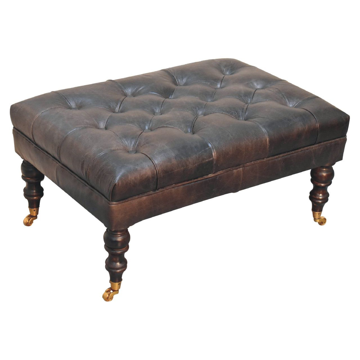 Buffalo Leather Ottoman with Castor Legs – Ash Black Leather; Light Walnut Feet