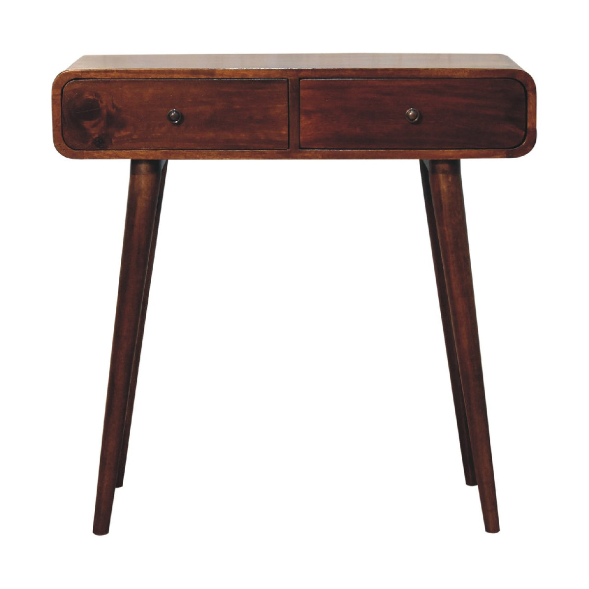 Curved Solid Mango Wood Console Table – Chestnut Finish, 2 Drawers & Nordic Legs
