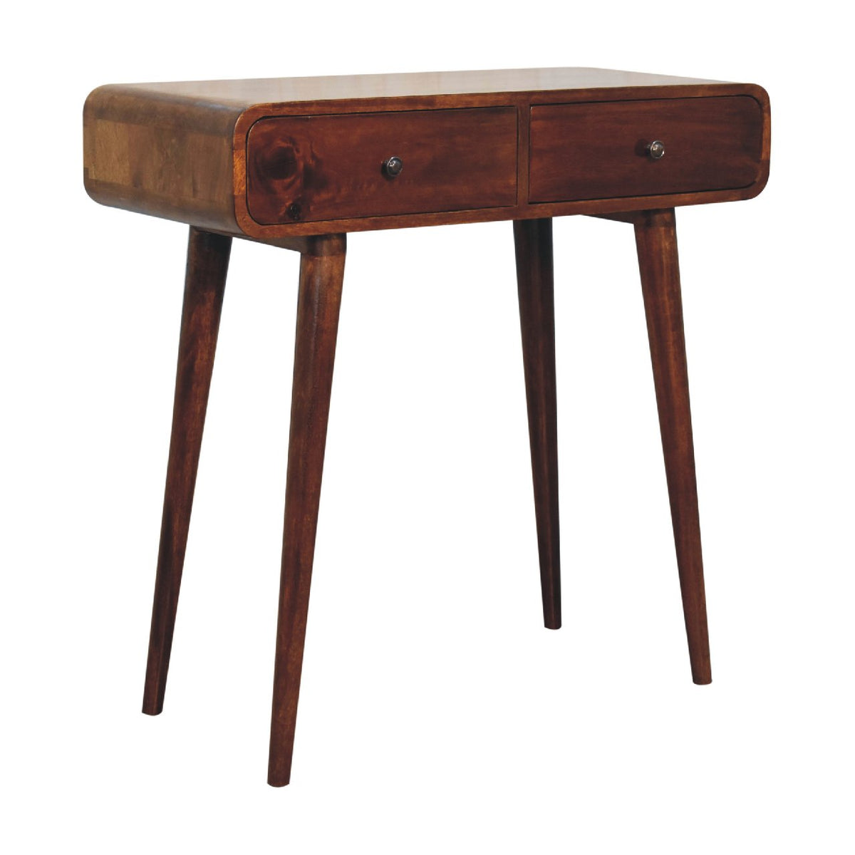 Curved Solid Mango Wood Console Table – Chestnut Finish, 2 Drawers & Nordic Legs