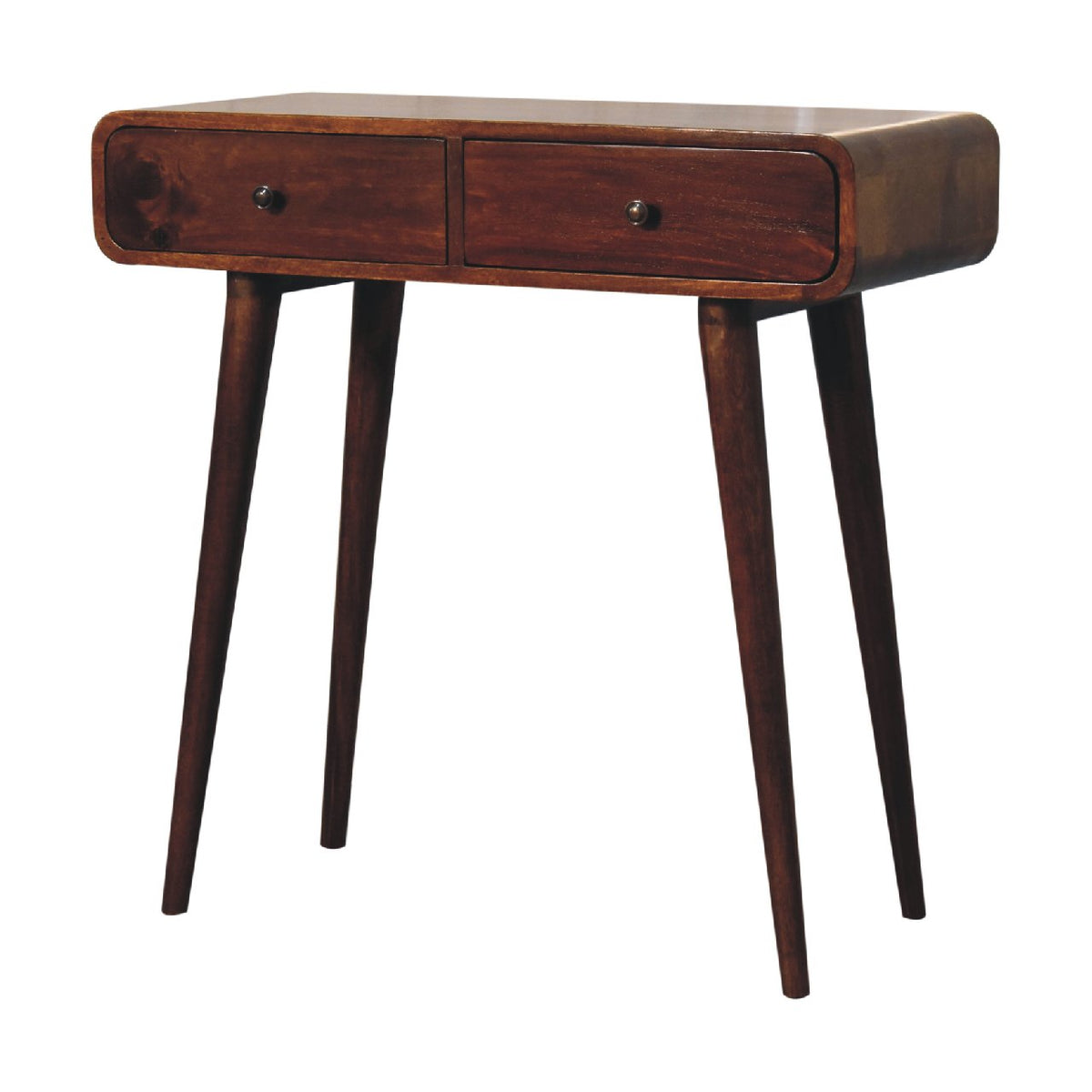 Curved Solid Mango Wood Console Table – Chestnut Finish, 2 Drawers & Nordic Legs