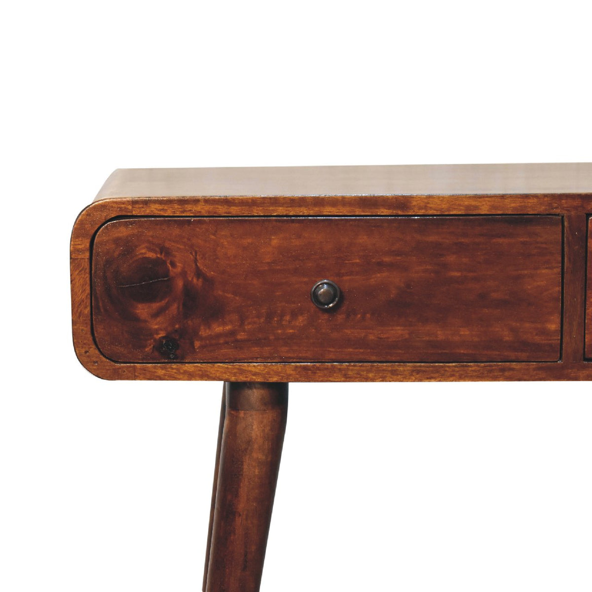 Curved Solid Mango Wood Console Table – Chestnut Finish, 2 Drawers & Nordic Legs