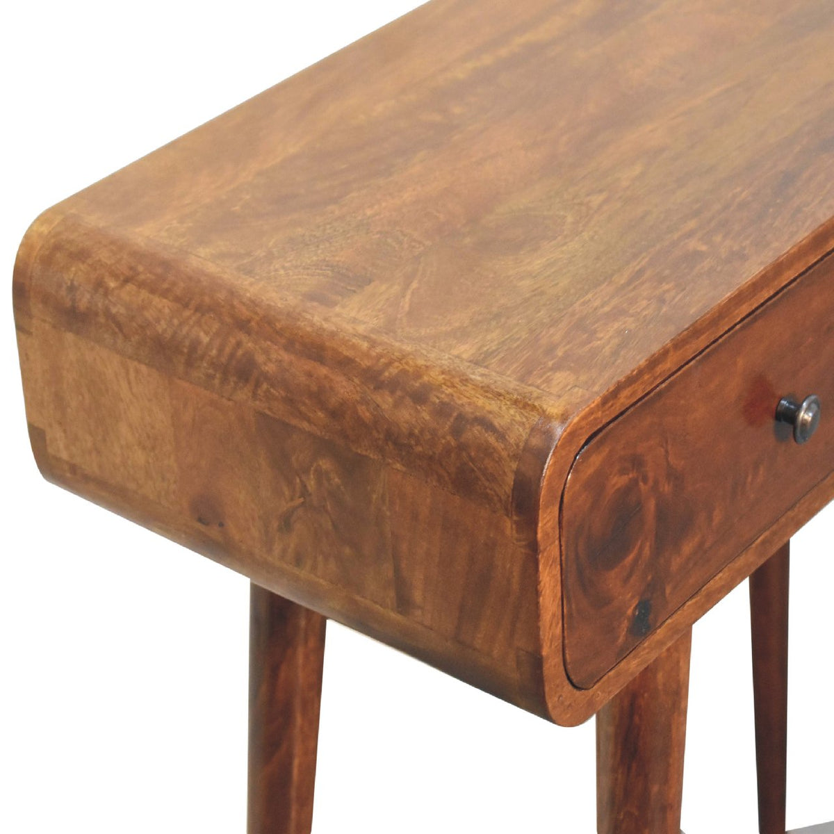 Curved Solid Mango Wood Console Table – Chestnut Finish, 2 Drawers & Nordic Legs