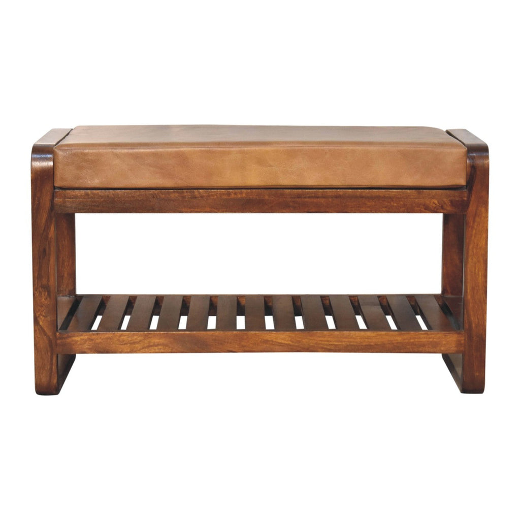 Small Buffalo Slatted Hallway Leather Bench – Chestnut Finish