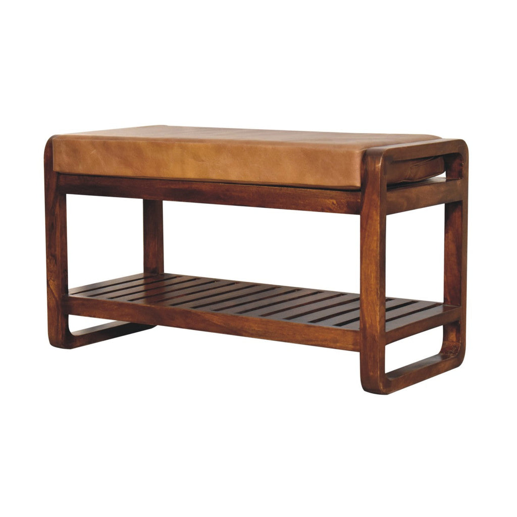 Small Buffalo Slatted Hallway Leather Bench – Chestnut Finish