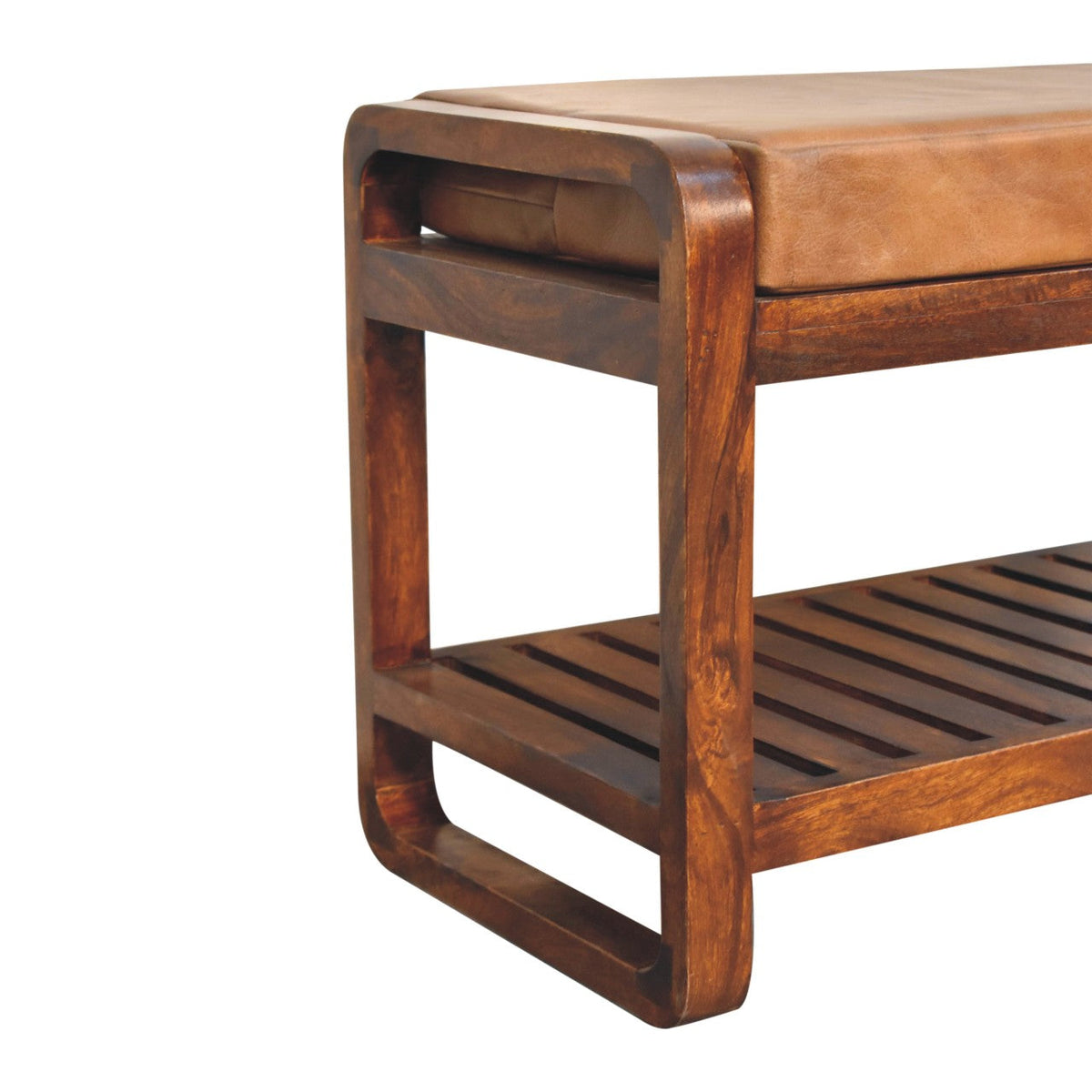 Small Buffalo Slatted Hallway Leather Bench – Chestnut Finish
