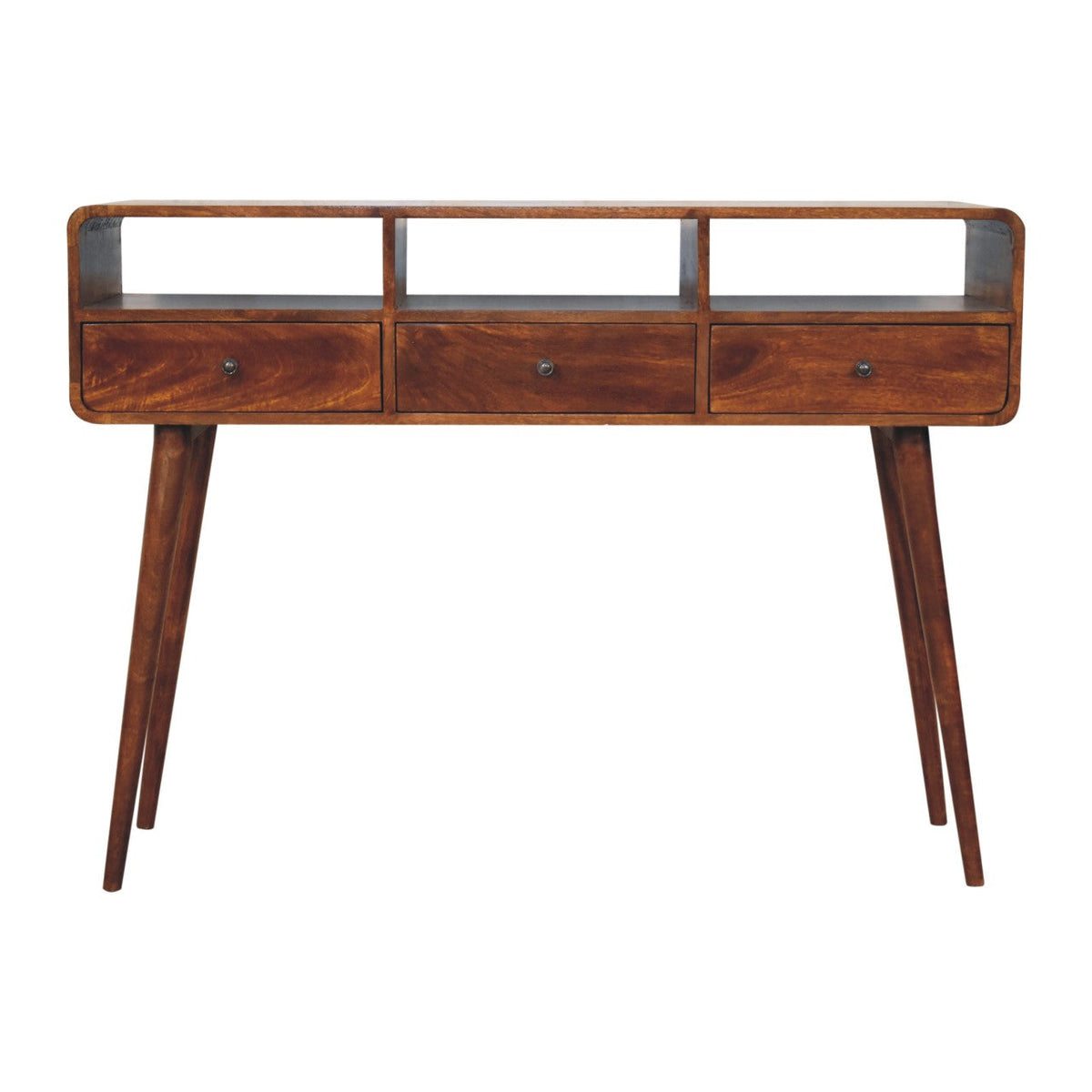 Triple Curved Solid Mango Wood Console Table – Chestnut Finish
