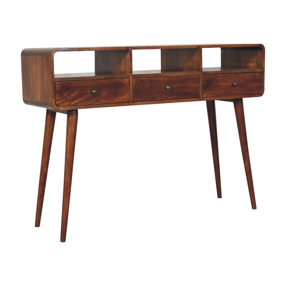 Triple Curved Solid Mango Wood Console Table – Chestnut Finish