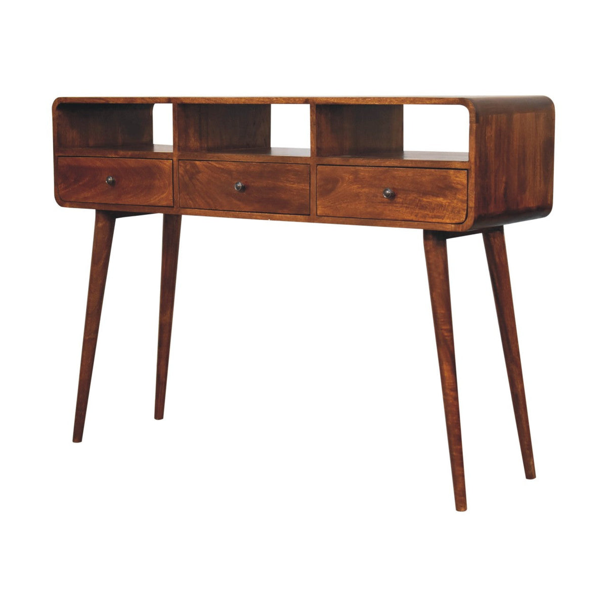 Triple Curved Solid Mango Wood Console Table – Chestnut Finish