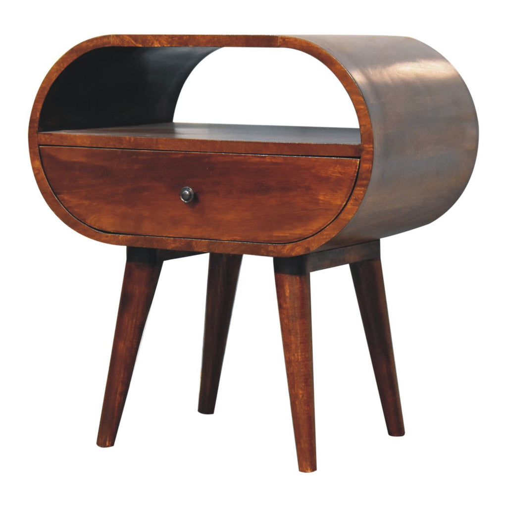 Large Circular Open Solid Mango Wood Bedside Table – Chestnut Finish
