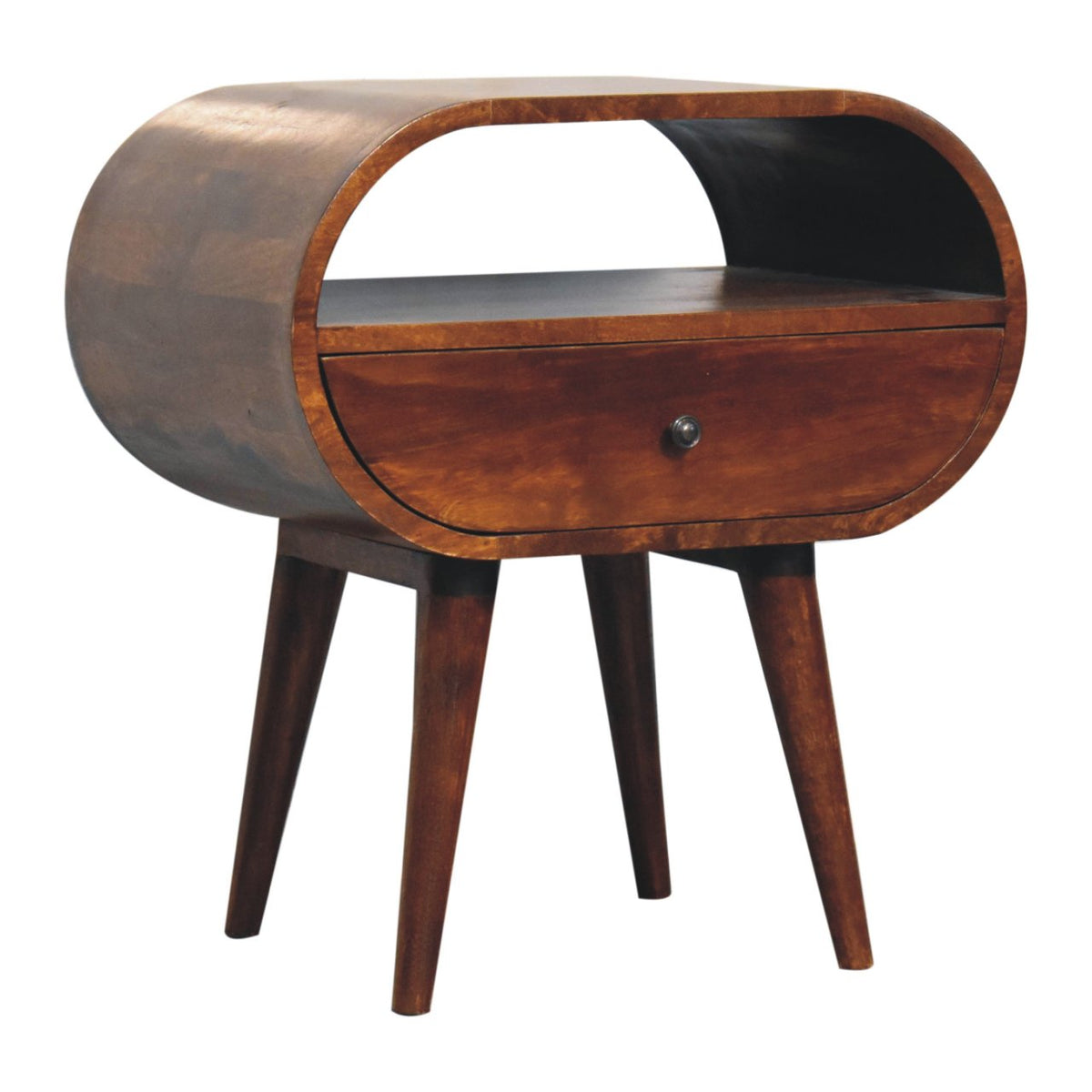 Large Circular Open Solid Mango Wood Bedside Table – Chestnut Finish