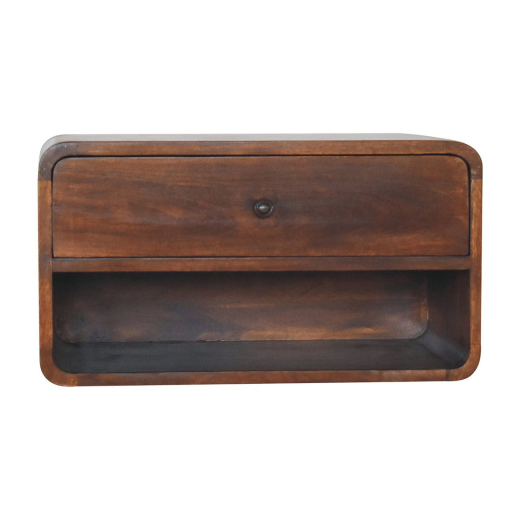 Large Solid Mango Wood Floating Nightstand – Drawer & Open Shelf