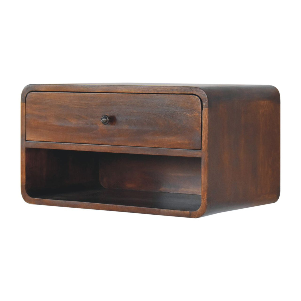 Large Solid Mango Wood Floating Nightstand – Drawer & Open Shelf