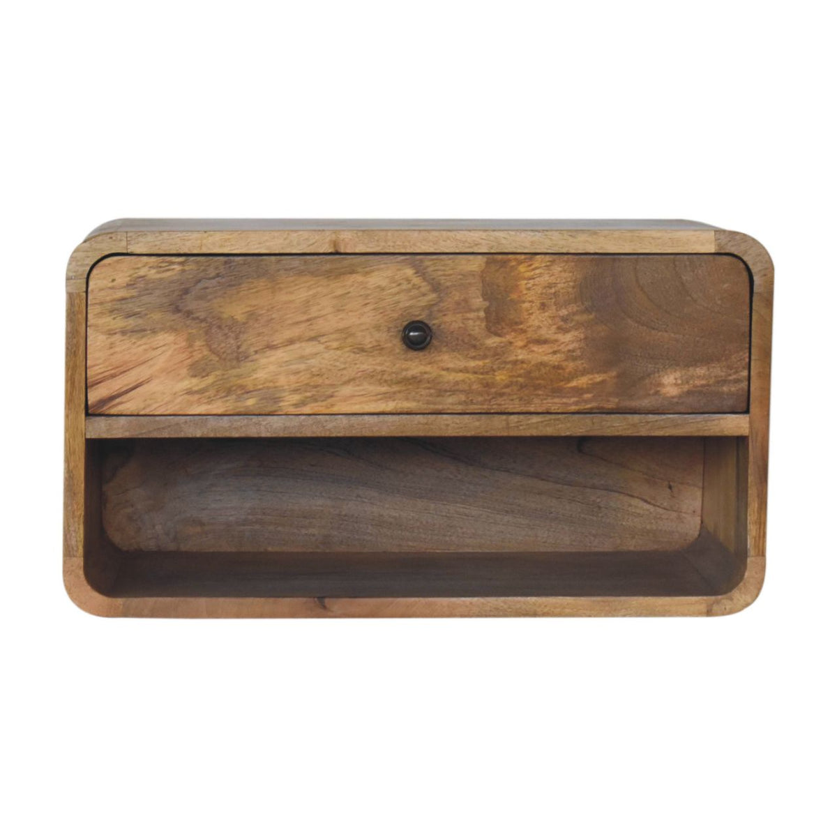 Large Floating Solid Mango Wood Nightstand – Oak-Ish Finish, Drawer & Open Shelf