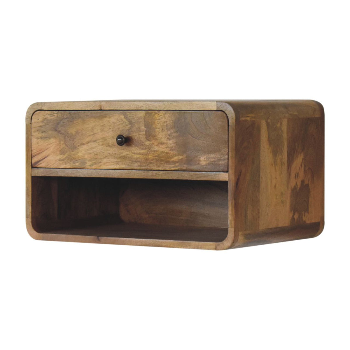 Large Floating Solid Mango Wood Nightstand – Oak-Ish Finish, Drawer & Open Shelf