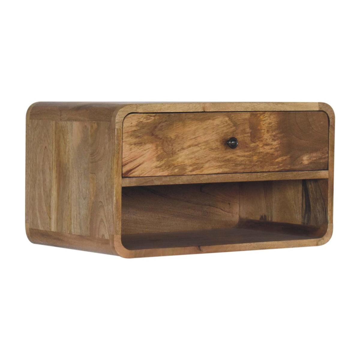 Large Floating Solid Mango Wood Nightstand – Oak-Ish Finish, Drawer & Open Shelf