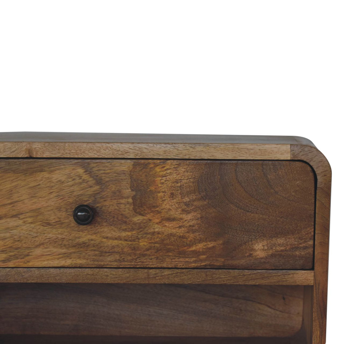 Large Floating Solid Mango Wood Nightstand – Oak-Ish Finish, Drawer & Open Shelf