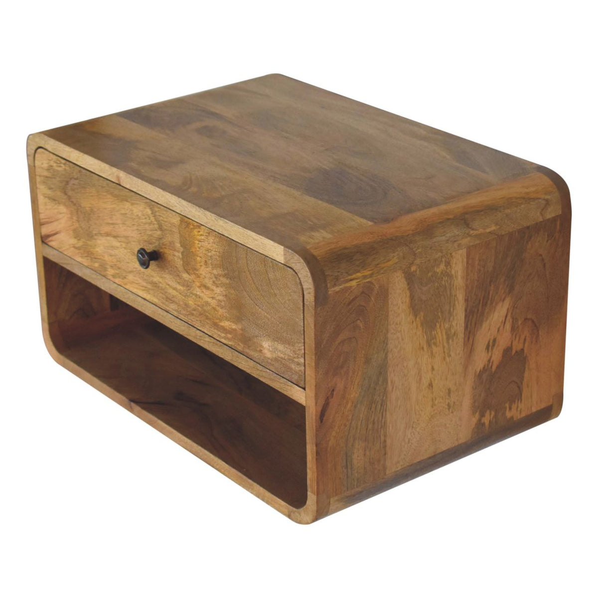 Large Floating Solid Mango Wood Nightstand – Oak-Ish Finish, Drawer & Open Shelf