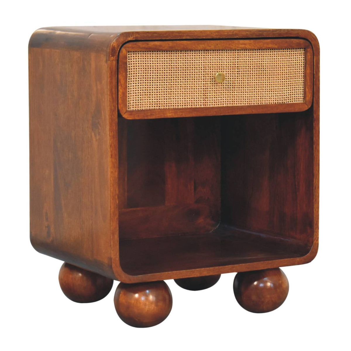 Open Woven Solid Mango Wood Bedside Table – Chestnut Finish