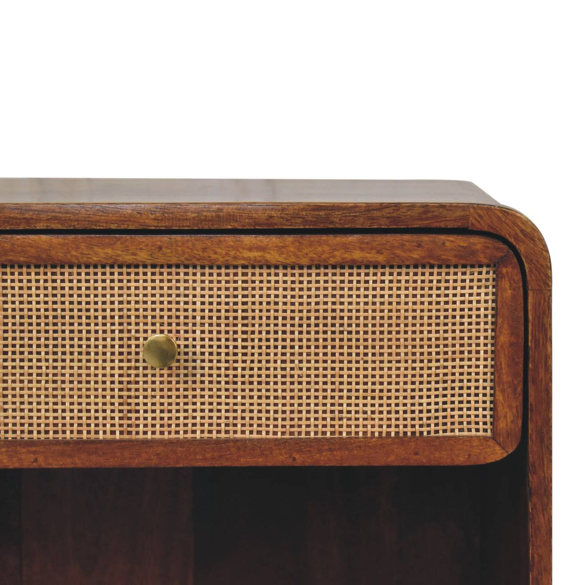 Open Woven Solid Mango Wood Bedside Table – Chestnut Finish
