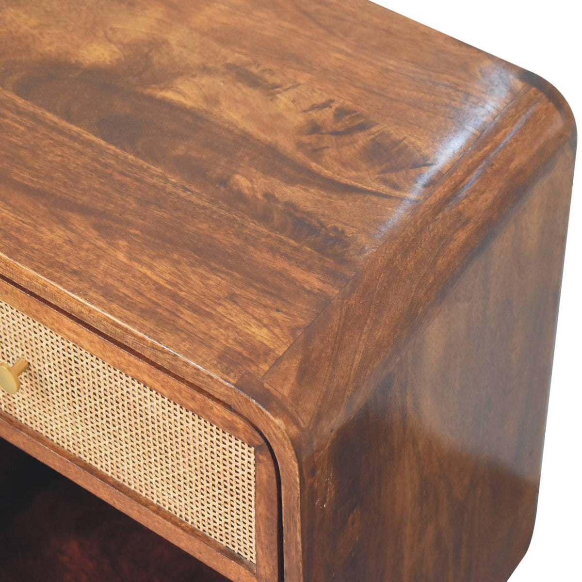 Open Woven Solid Mango Wood Bedside Table – Chestnut Finish