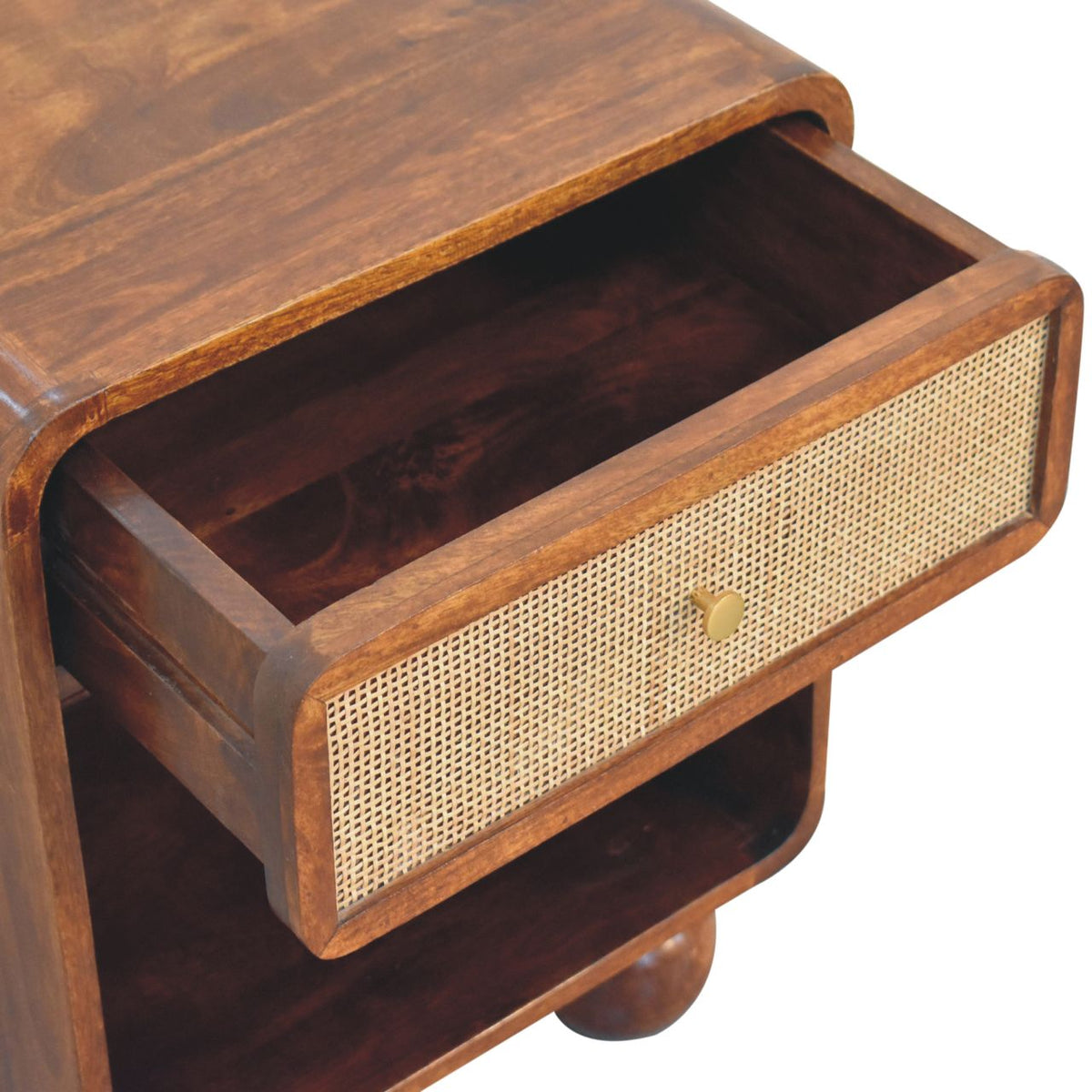 Open Woven Solid Mango Wood Bedside Table – Chestnut Finish