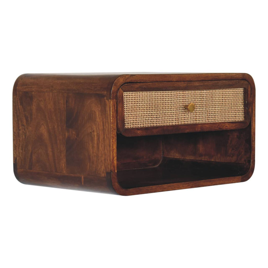 Wall-Mounted Open Woven Solid Mango Wood Bedside Table – Chestnut Finish