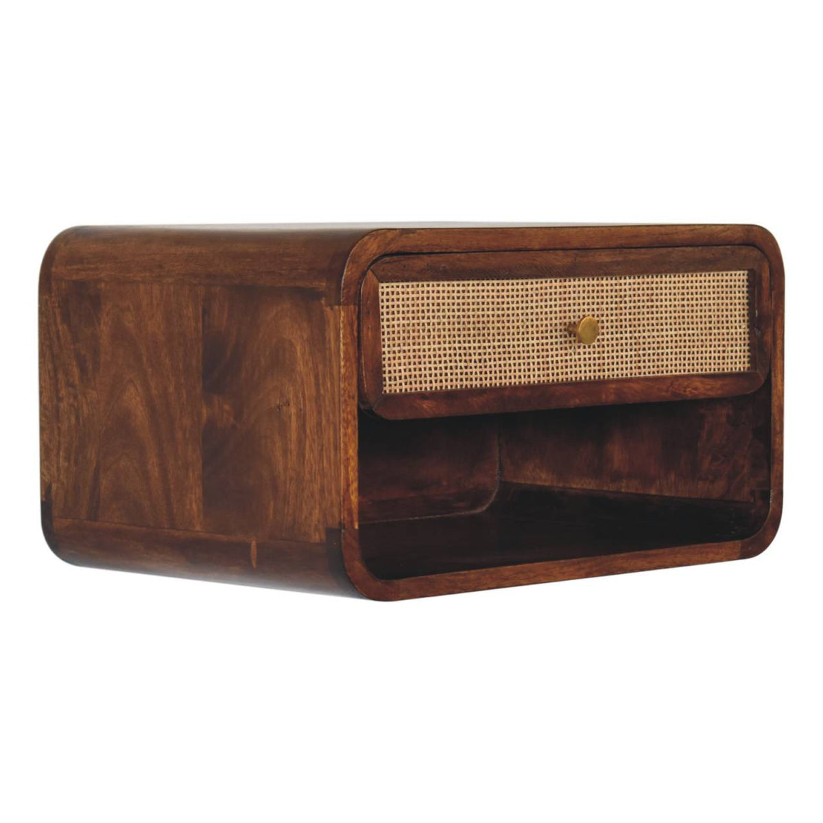 Wall-Mounted Open Woven Solid Mango Wood Bedside Table – Chestnut Finish