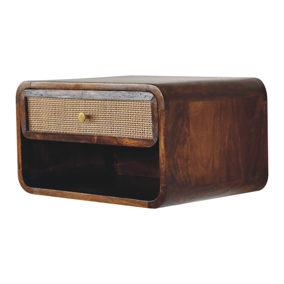 Wall-Mounted Open Woven Solid Mango Wood Bedside Table – Chestnut Finish