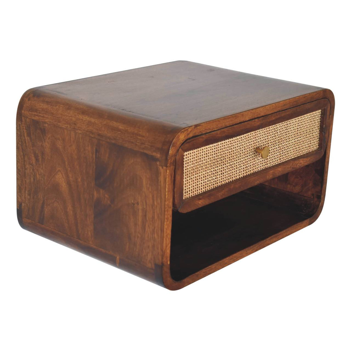 Wall-Mounted Open Woven Solid Mango Wood Bedside Table – Chestnut Finish