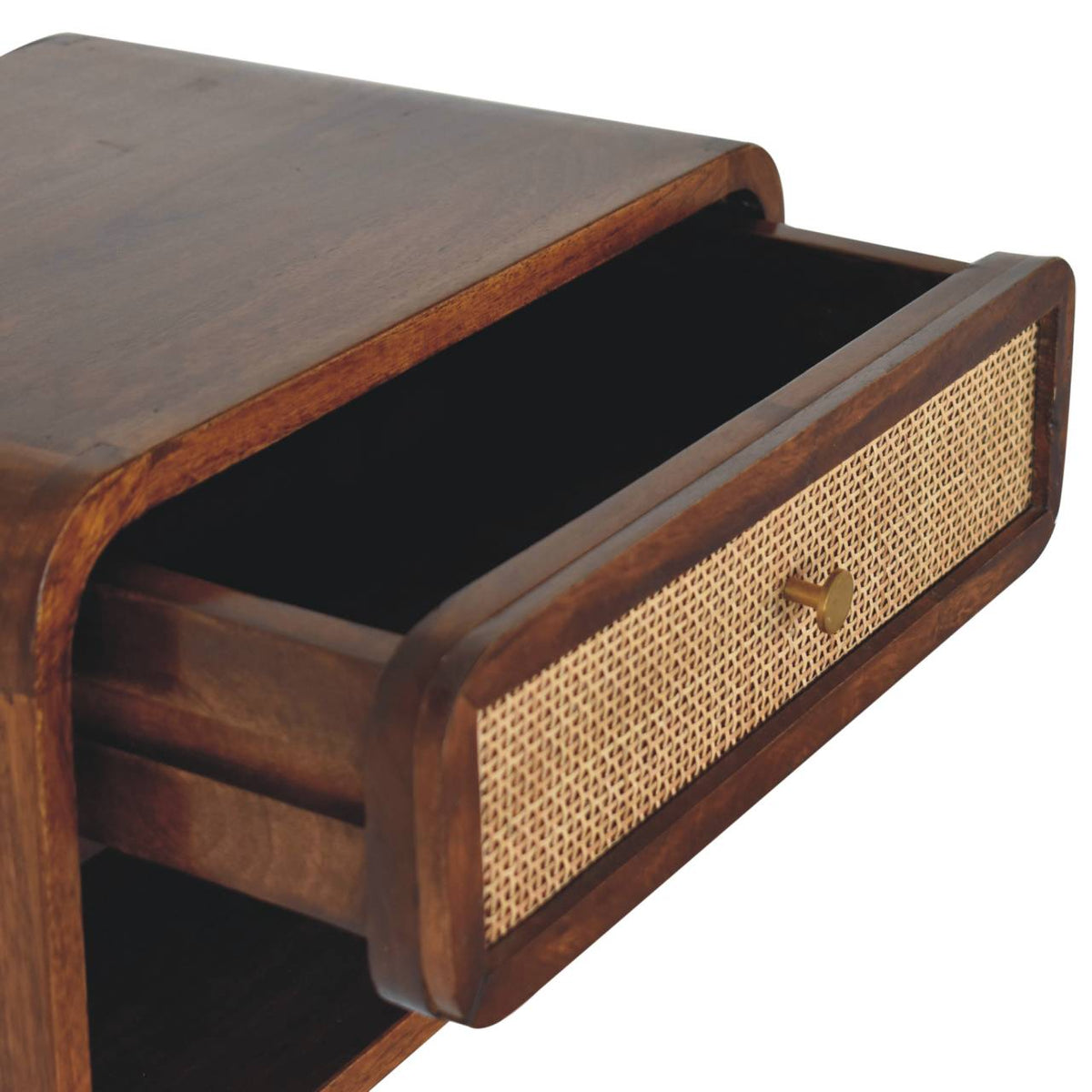 Wall-Mounted Open Woven Solid Mango Wood Bedside Table – Chestnut Finish