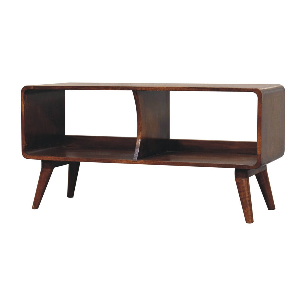 Curved Double Slot Solid Mango Wood Media Unit – Chestnut Finish