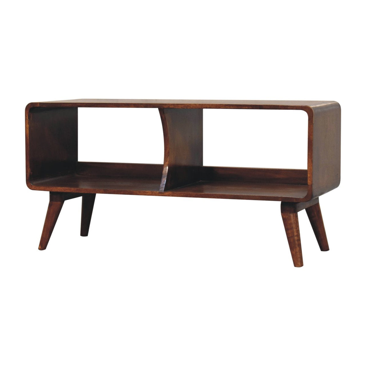 Curved Double Slot Solid Mango Wood Media Unit – Chestnut Finish