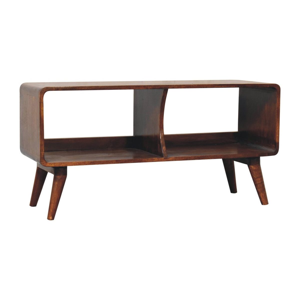 Curved Double Slot Solid Mango Wood Media Unit – Chestnut Finish