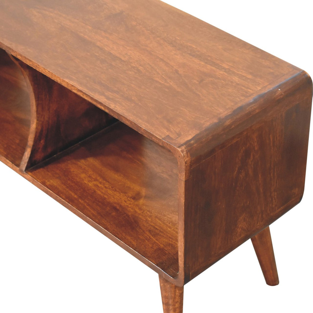 Curved Double Slot Solid Mango Wood Media Unit – Chestnut Finish