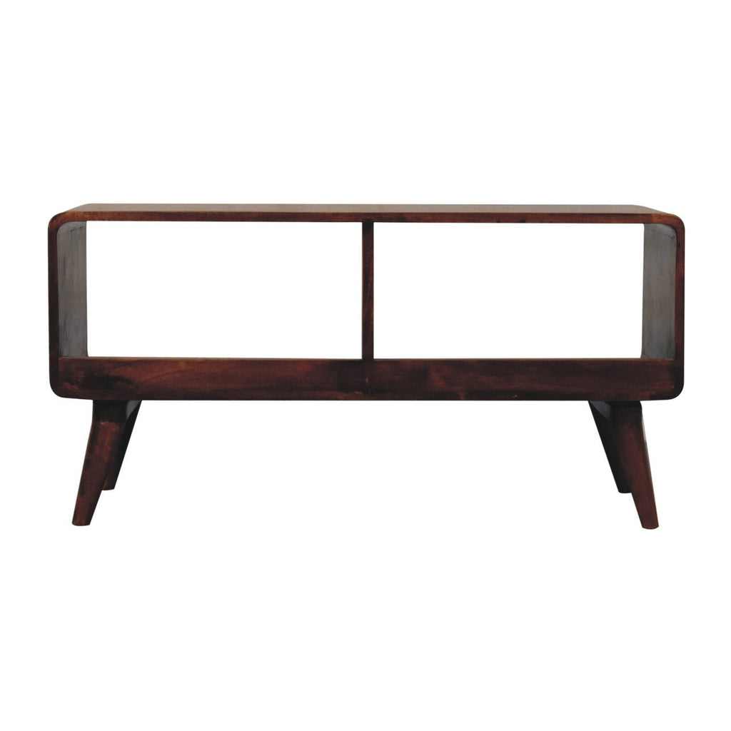 Curved Double Slot Solid Mango Wood Media Unit – Chestnut Finish