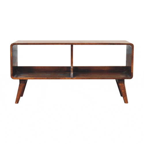 Curved Double Slot Solid Mango Wood Media Unit – Chestnut Finish