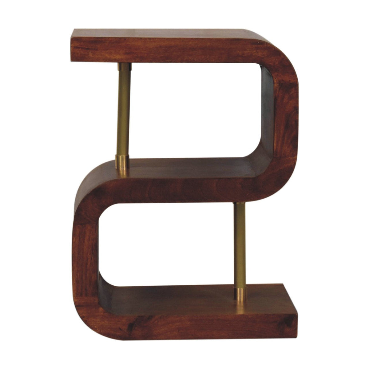 S-Curve Brass Solid Mango Wood Bedside Table – Chestnut Finish