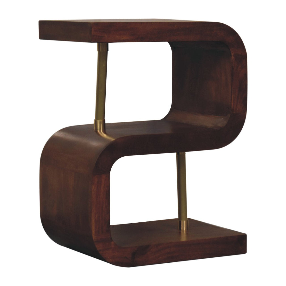 S-Curve Brass Solid Mango Wood Bedside Table – Chestnut Finish