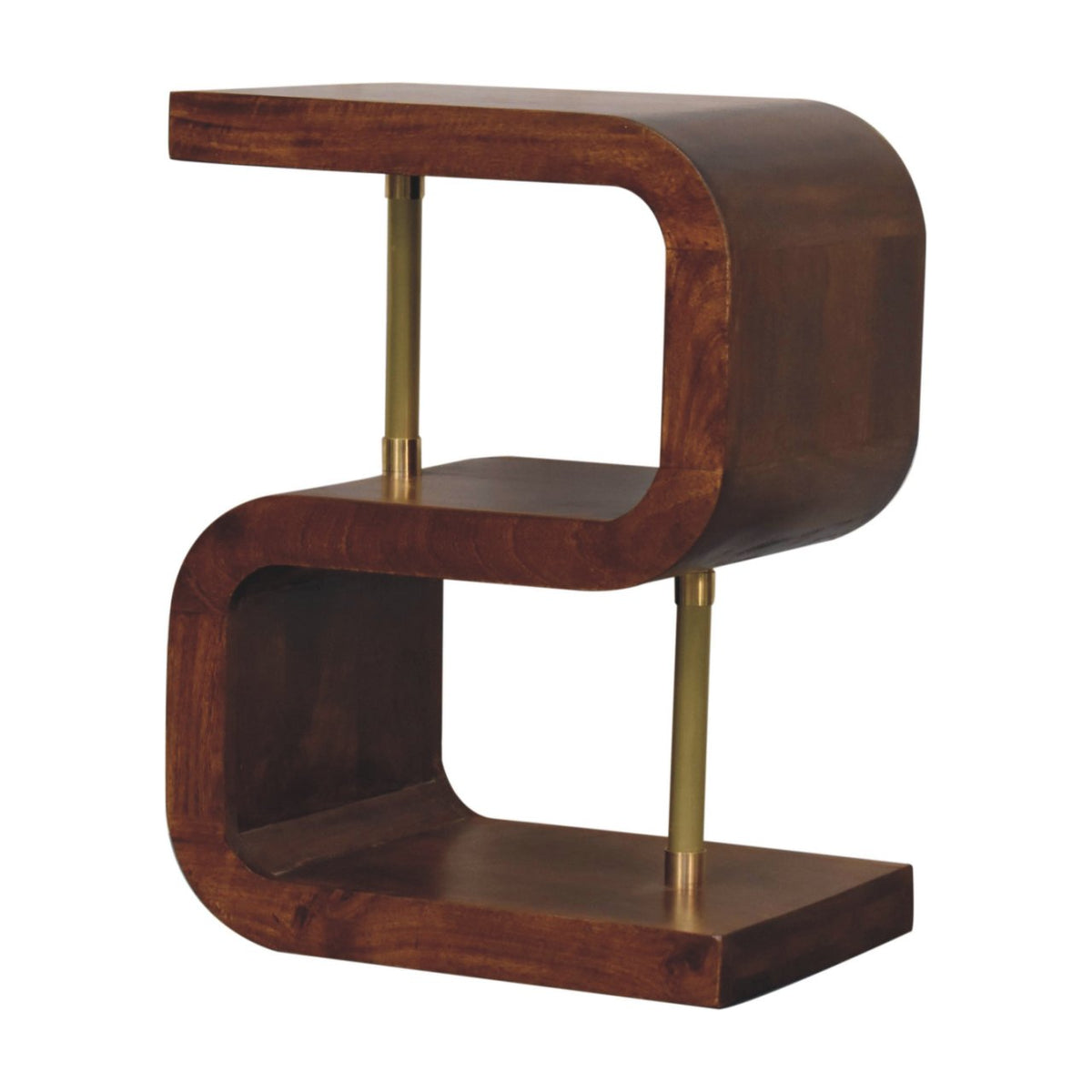 S-Curve Brass Solid Mango Wood Bedside Table – Chestnut Finish