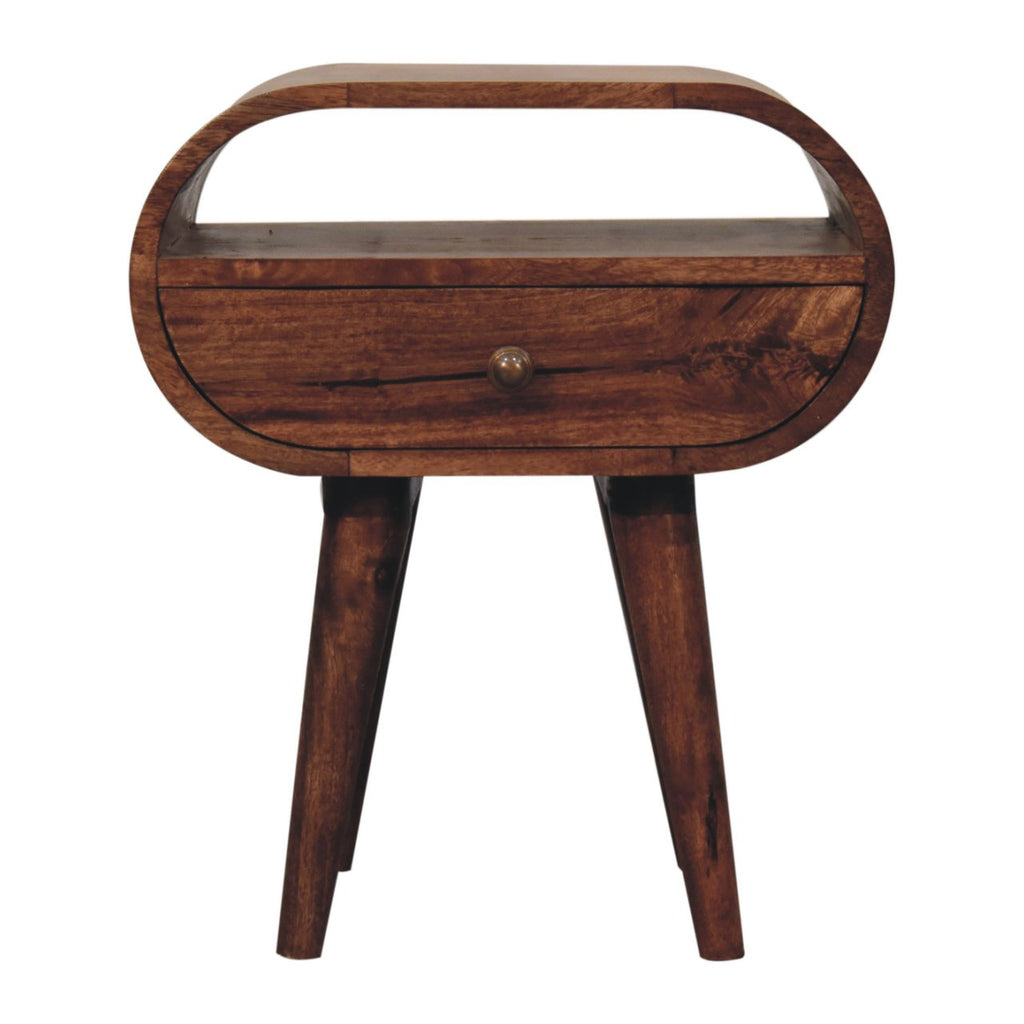 Circular Solid Mango Wood Bedside Table with Open Slot – Honey Caramel Finish