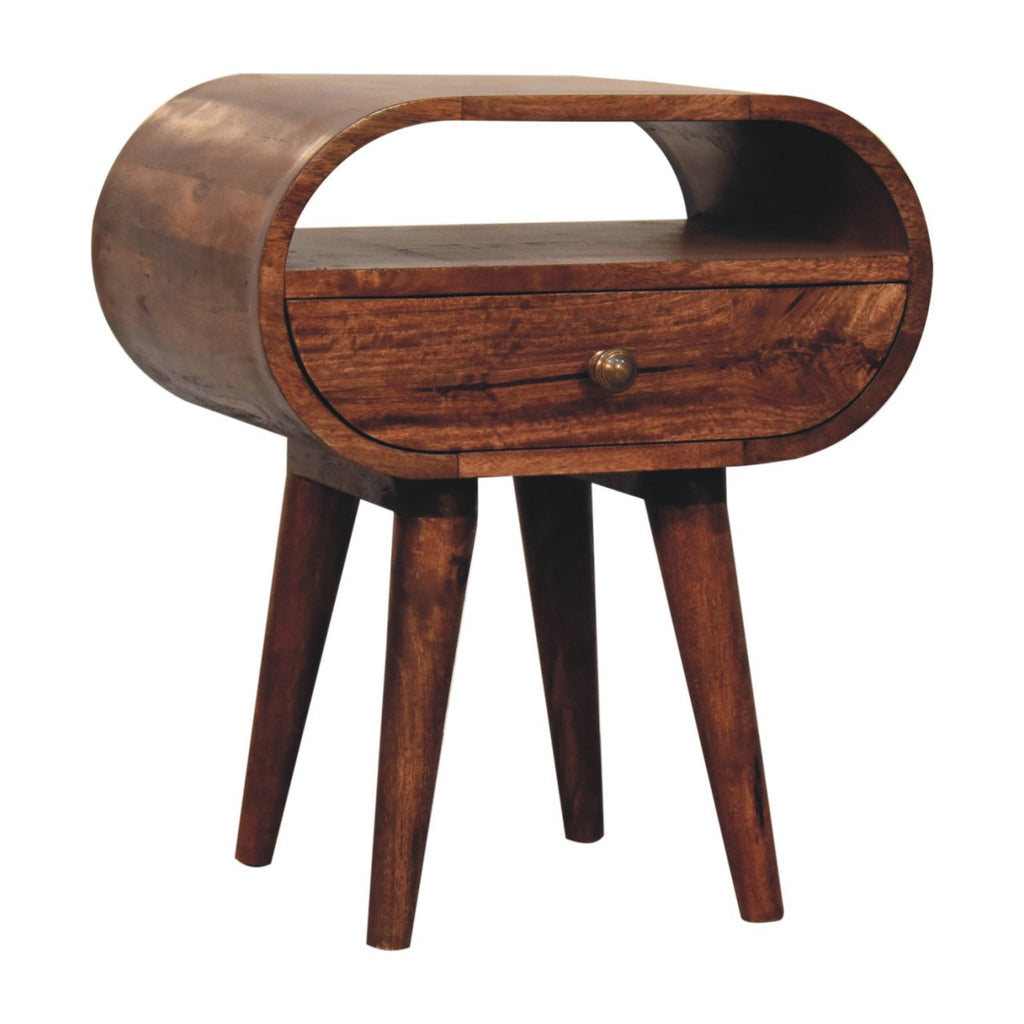 Circular Solid Mango Wood Bedside Table with Open Slot – Honey Caramel Finish
