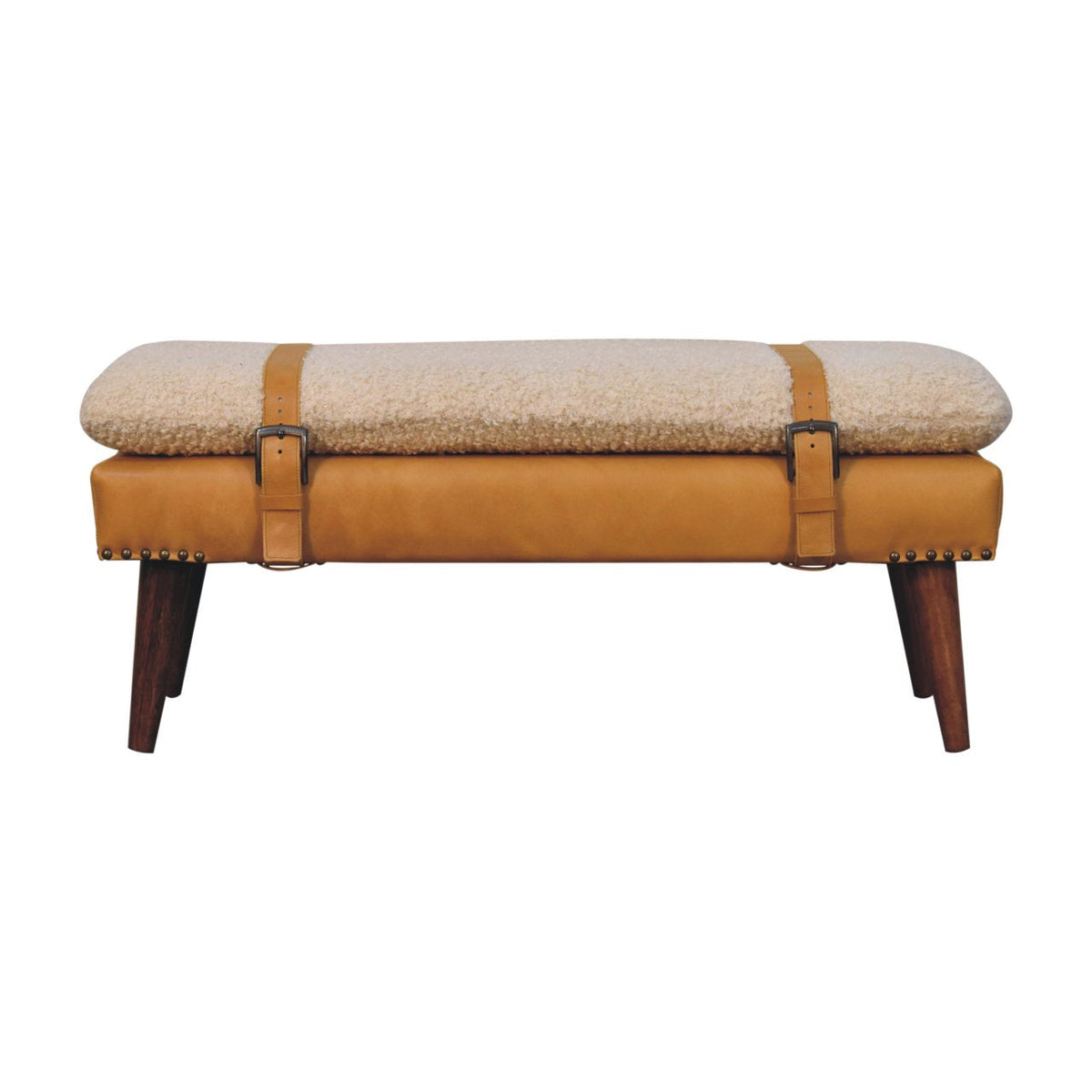 Bouclé & Tan Leather Bench – Chestnut Finish